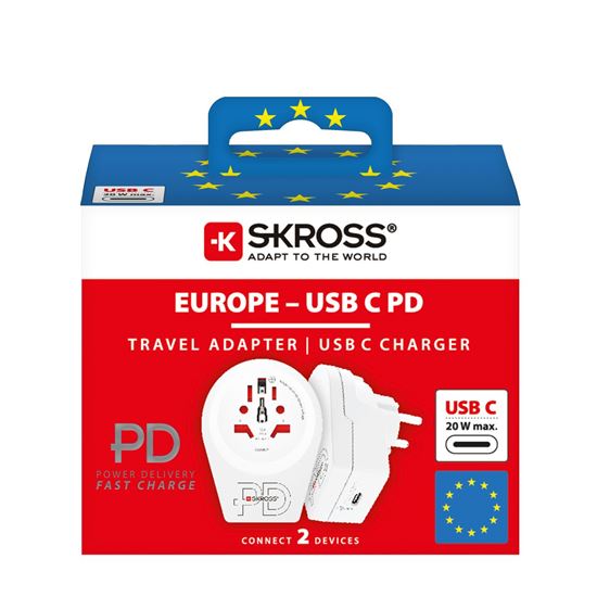 SKROSS cestovní adaptér Europe USB C20PD pro cizince v ČR, USB-C, PD 20W, typ E/F