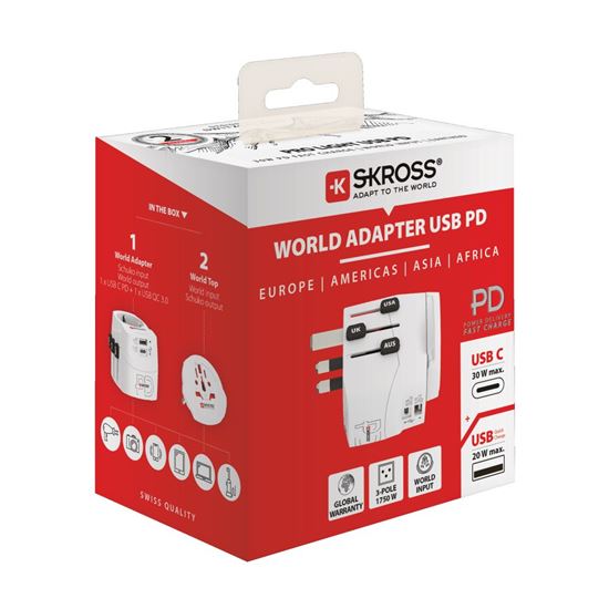 SKROSS Cestovní adaptér PRO Light USB AC30PD World, 7A max., USB A+C, PD 30W, UK+USA+Austrálie/Čína