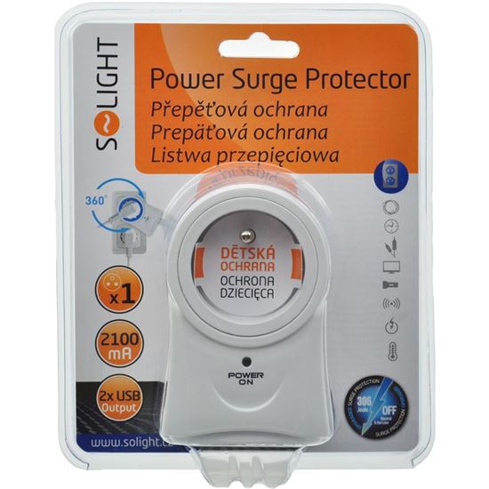 Solight přepěťová ochrana do zásuvky, 306J, 1 zásuvka, otočná o 360°, 2x USB výstup