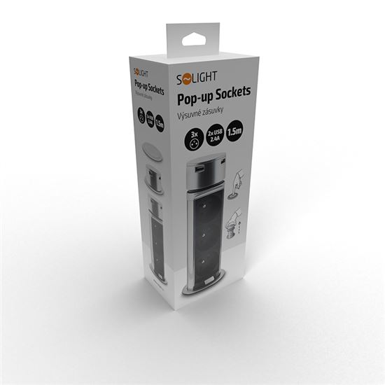 Solight USB výsuvný blok zásuvek, 3 zásuvky, plast, délka 1,5m, 3 x 1mm2, stříbrný
