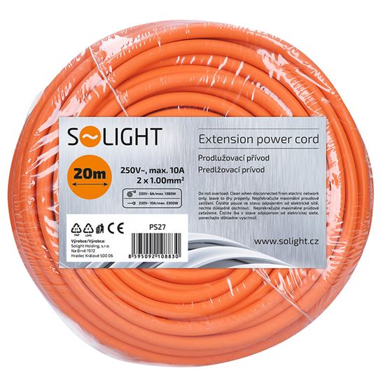 Solight pohyblivý přívod - spojka, 1 zásuvka, 20m, 2 x 1mm2, oranžová