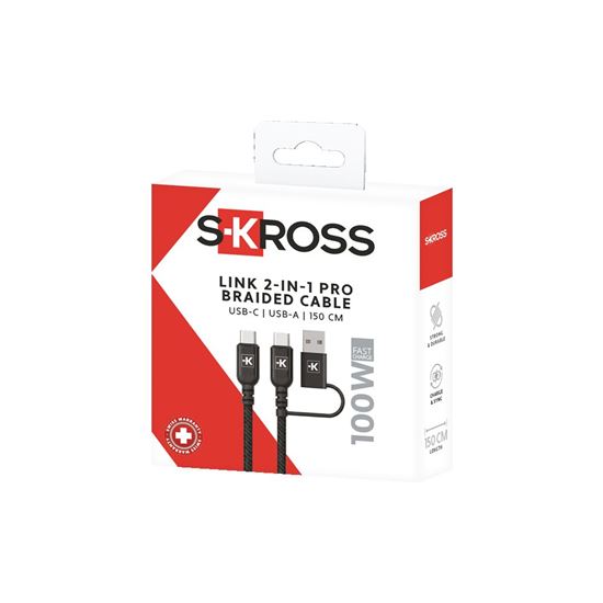 SKROSS USB C-C+A Link 2in1 Pro Cable, 100W, 150cm, opletený, černý