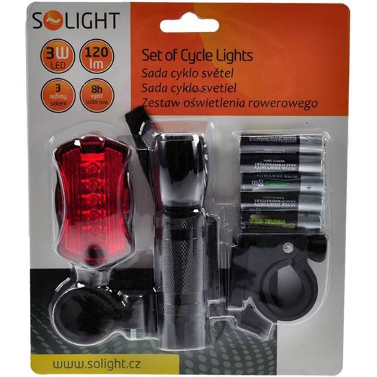 Solight sada LED cyklo světel, přední 3W + zadní 5 LED, 2 x držák, 5 x AAA baterie