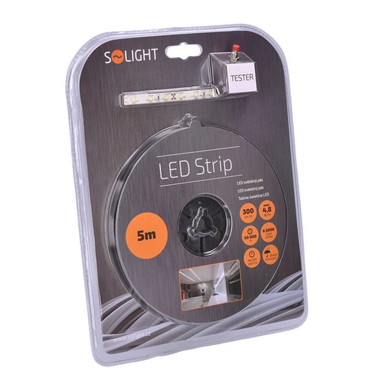Solight LED světelný pás s testrem, 5m,  sada s 12V adaptérem, 4,8W/m, IP65, studená bílá