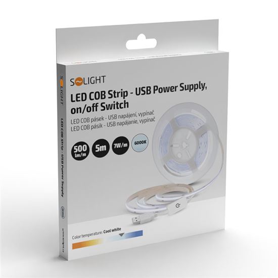 Solight LED COB pásek, 5m, 7W/m, 500lm/m,  studená bílá, USB napájení, vypínač, 8mm