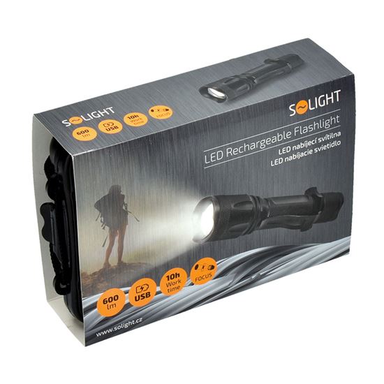 Solight nabíjecí LED svítilna, 600lm, XM-L2 T6, fokus, 2200mAh Li-Ion, USB nabíjení