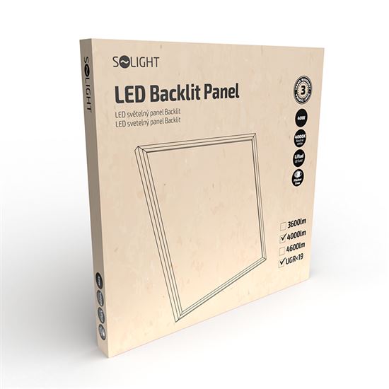 Solight LED světelný panel Backlit UGR19, 40W, 4000lm, 4000K, Lifud, 60x60cm, 3 roky záruka, bílá barva