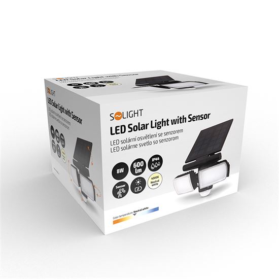 Solight LED solar light with PIR sensor, 8W, 600lm, Li-on, black
