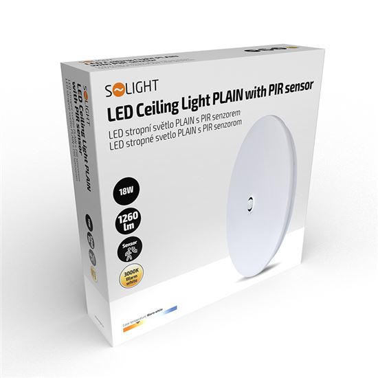 Solight LED stropní světlo PLAIN s PIR sensorem, 18W, 1260lm, 3000K, kulaté, 33cm
