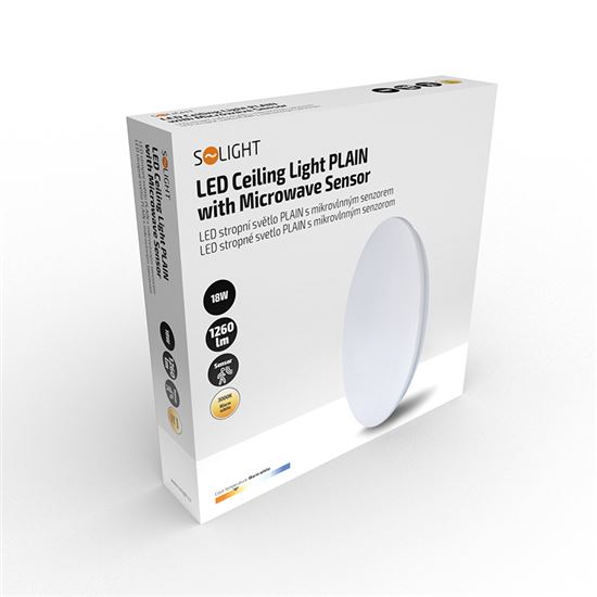 Solight LED stropní světlo PLAIN s mikrovlnným sensorem, 18W, 1260lm, 3000K, kulaté, 33cm