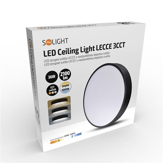 Solight LED stropní osvětlení  LECCE, 3CCT, 36W, 2100lm, 30cm, 3000/4000/6000K, černá
