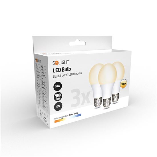 Solight LED žárovka 3-pack, klasický tvar, 10W, E27, 3000K, 270°, 900lm, 3ks v balení