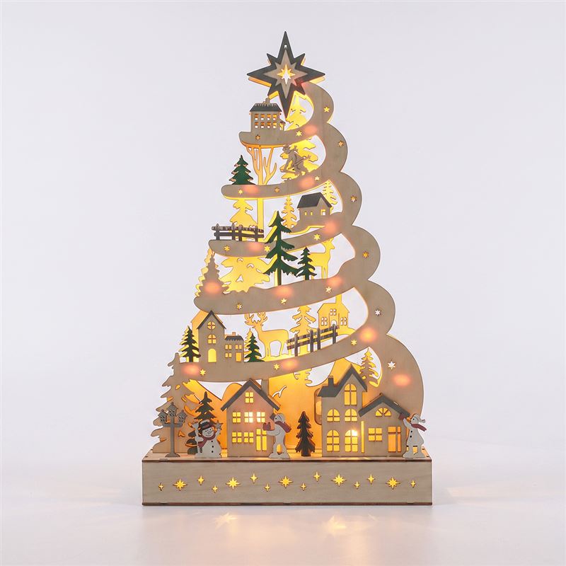 Solight LED wooden Christmas tree with decorations, 17x LED, white, 45cm, 2x AA