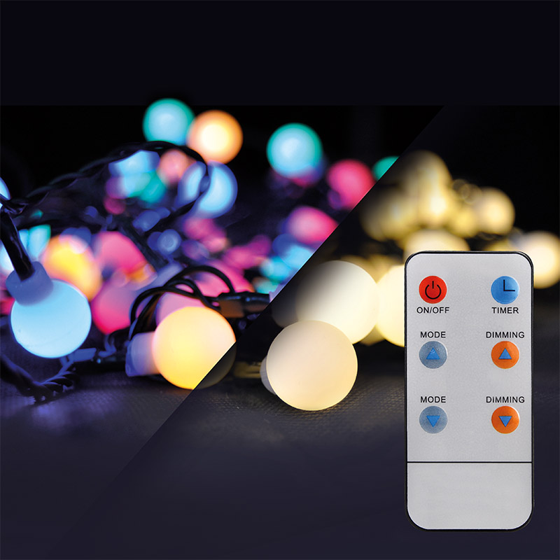 Solight LED 2v1 venkovní vánoční řetěz, koule, dálkový ovladač, 100LED, RGB+bílá