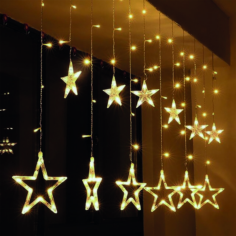 Solight LED vánoční závěs, hvězdy, šíře 1,8m, 77LED, IP20, 3xAA, USB