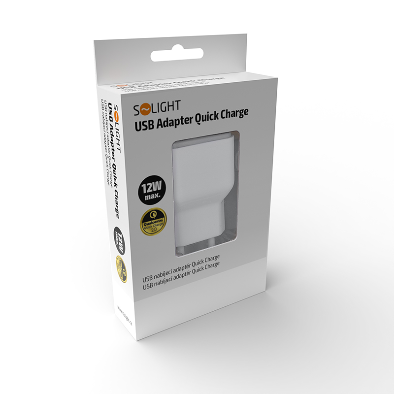 Solight USB nabíjecí adaptér, fast charge: 1x USB Qualcomm, 5V2A/9V1.5A/12V1A, AC 230V, bílošedý DC51