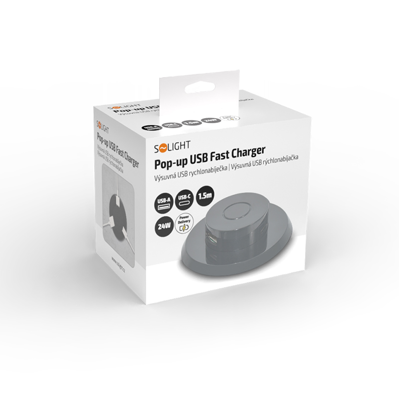 Solight výsuvná nabíječka USB A+C 24W PD, černá DC63B-PD24