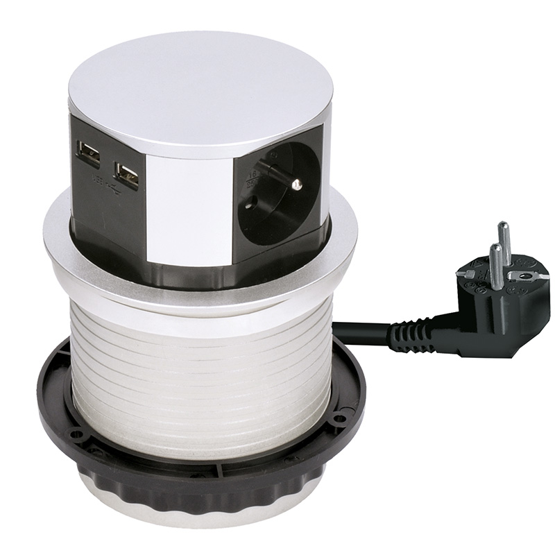 Solight výsuvný blok zásuvek, 3 zásuvky, 2x USB, kruhový tvar nízký, prodlužovací přívod 2m, 3 x 1mm2, stříbrný PP100USB