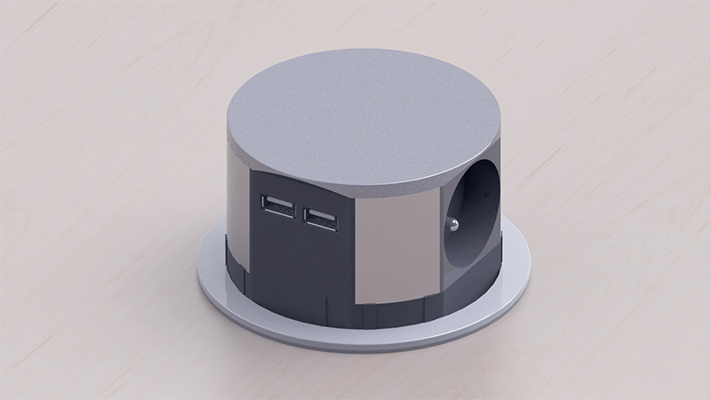 Solight výsuvný blok zásuvek, 3 zásuvky, 2x USB, kruhový tvar nízký, prodlužovací přívod 2m, 3 x 1mm2, stříbrný PP100USB