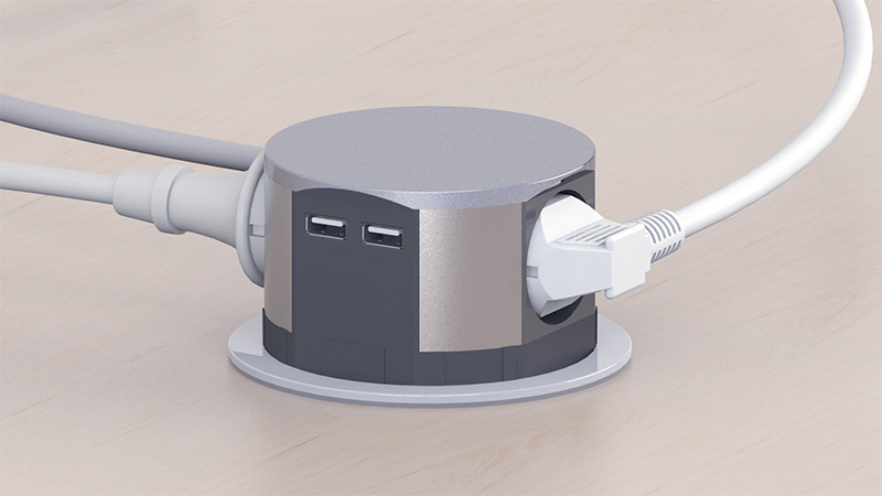 Solight výsuvný blok zásuvek, 3 zásuvky, 2x USB, kruhový tvar nízký, prodlužovací přívod 2m, 3 x 1mm2, stříbrný PP100USB