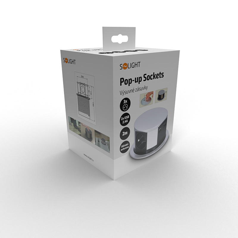Solight výsuvný blok zásuvek, 3 zásuvky, 2x USB, kruhový tvar nízký, prodlužovací přívod 2m, 3 x 1mm2, stříbrný PP100USB
