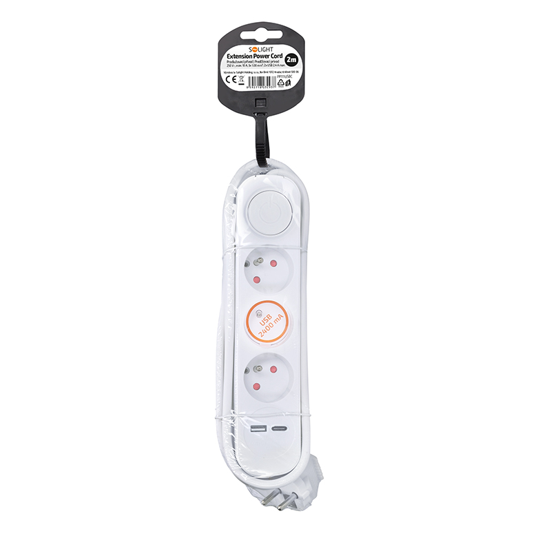 Prodlužovací kabel Solight PP111USBC, 2 m
