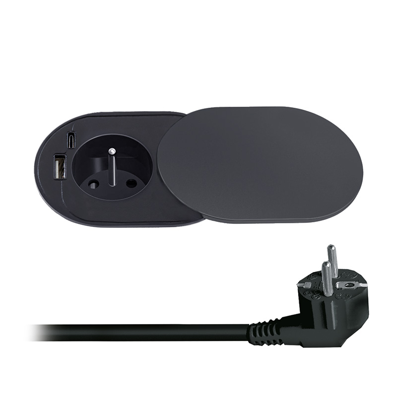 Solight vestavná zásuvka s posuvným víčkem, USB A+C nabíječka, 2m, matná černá