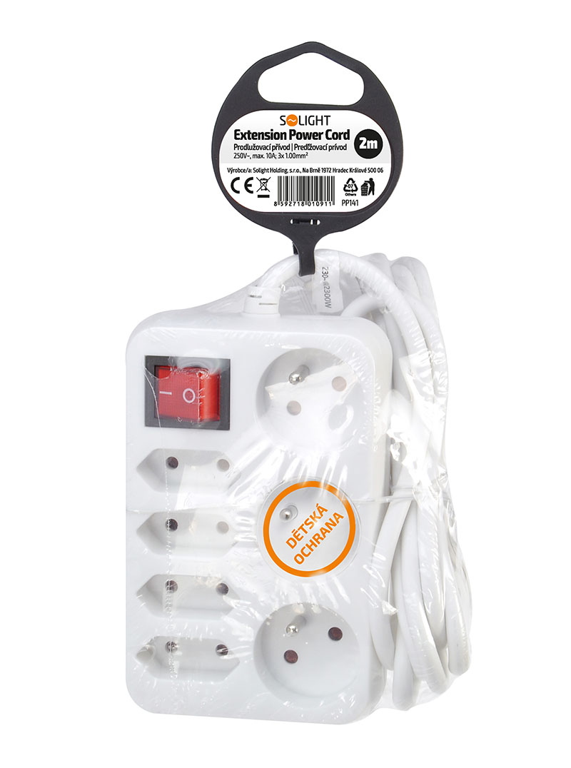 Solight prodlužovací přívod, 7 zásuvek, bílý, vypínač, 2m