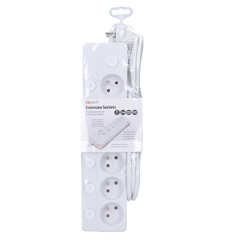 Solight prodlužovací přívod 6 zásuvek, 3m, 3 x 1mm2, bílý, 6+1 vypínač PP161
