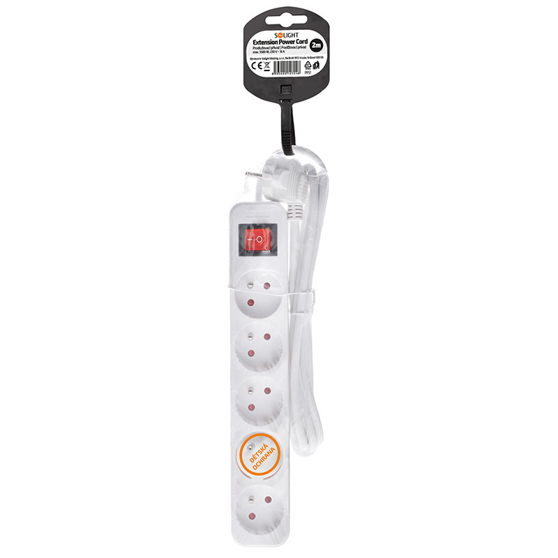 Solight prodlužovací přívod, 5 zásuvek, bílý, vypínač, 2m PP51