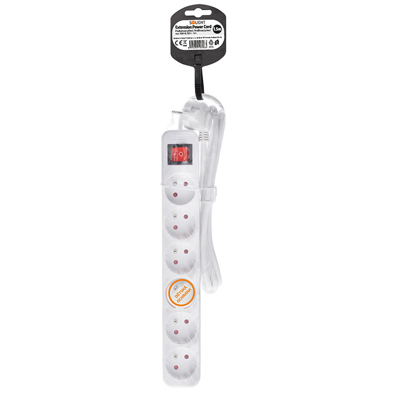 Solight prodlužovací přívod, 6 zásuvek, bílý, vypínač, 1,5m PP70