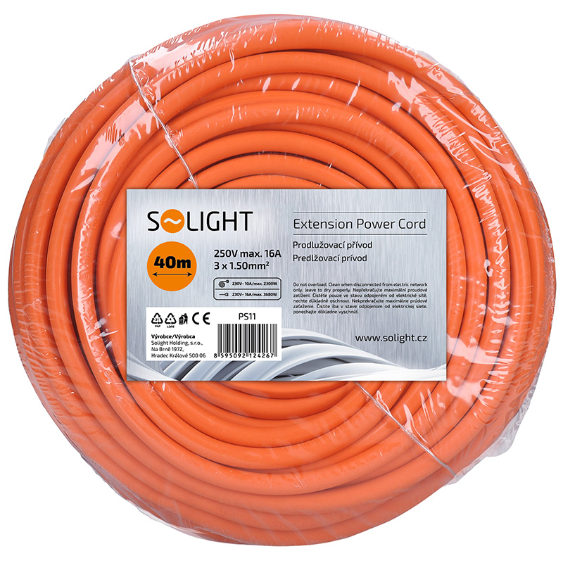 Solight prodlužovací přívod - spojka, 1 zásuvka, 40 m, 3 x 1,5mm2, oranžová PS11