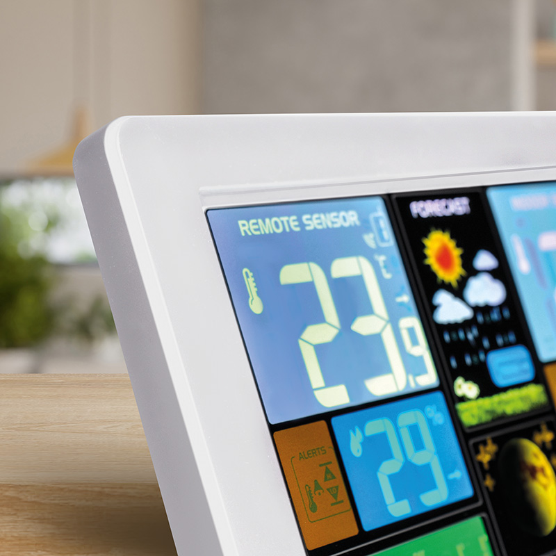 Solight meteostanice, extra velký barevný LCD, teplota, vlhkost, tlak, RCC, USB nabíjení, bílá TE81W