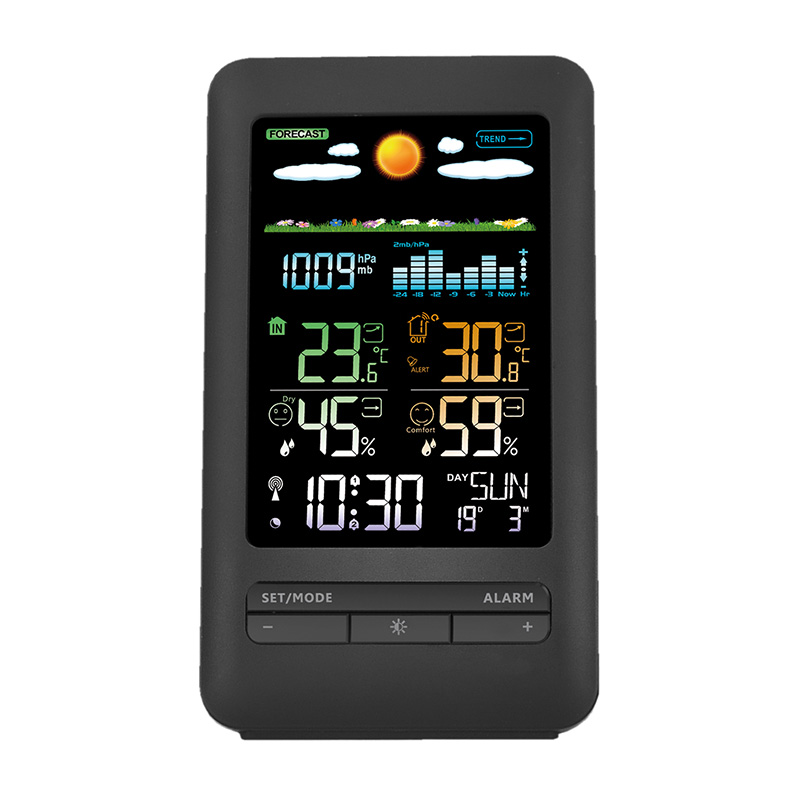 Solight meteostanice, barevný LCD, vnitřní/venkovní teplota a vlhkost, tlak, RCC, černá TE87