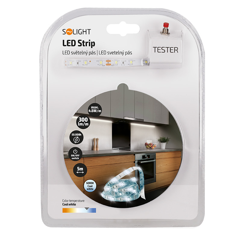 Solight LED světelný pás s testrem, 5m, sada s 12V adaptérem, 4,8W/m, IP20, studená bílá WM50-20T