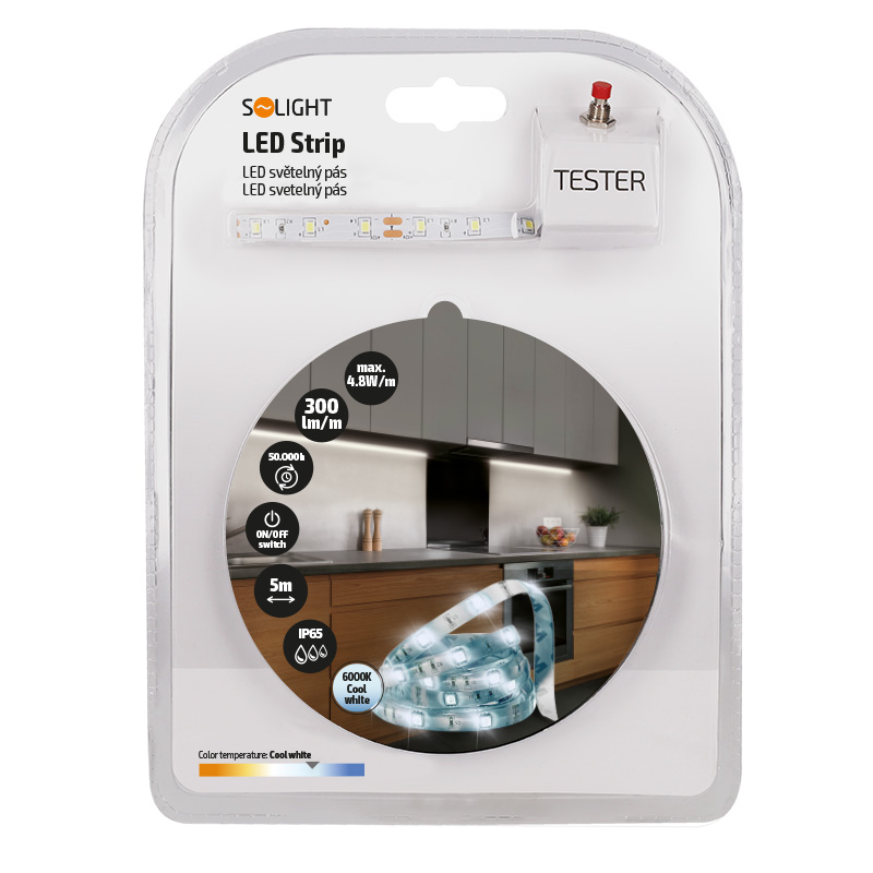 Solight LED světelný pás s testrem, 5m, sada s 12V adaptérem, 4,8W/m, IP65, studená bílá WM50-65T