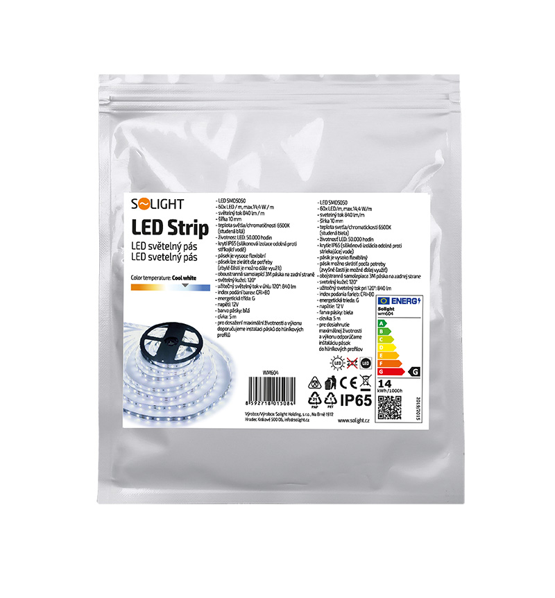 Solight LED světelný pás, 5m, SMD5050 60LED/m, 14,4W/m, IP65, studená bílá WM604