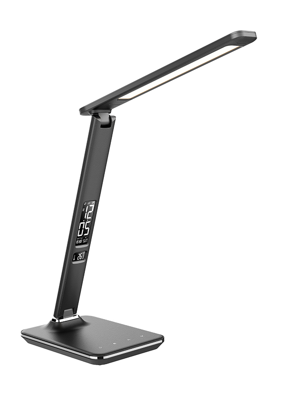 Solight LED stolní lampička s displejem, 9W, volba teploty světla, kůže, černá WO45-B