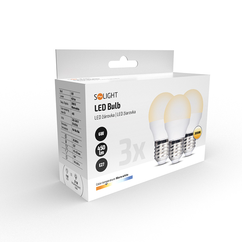 ECOLUX LED žárovka Ecolux 3-pack , miniglobe, 6W, E27, 3000K, 450lm, 3ks WZ432-3