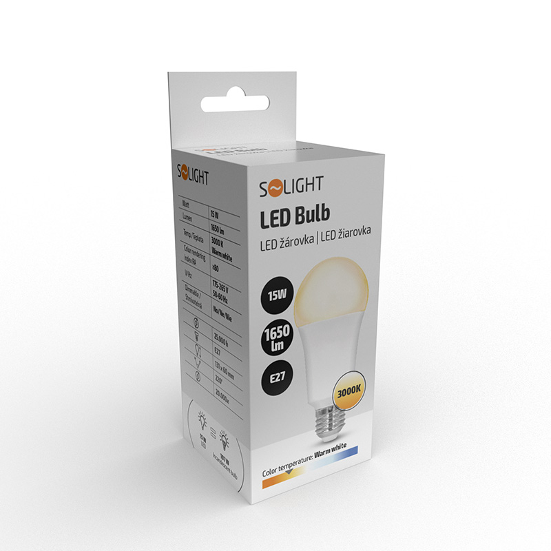 Solight LED žárovka, klasický tvar, 15W, E27, 3000K, 220°, 1650lm