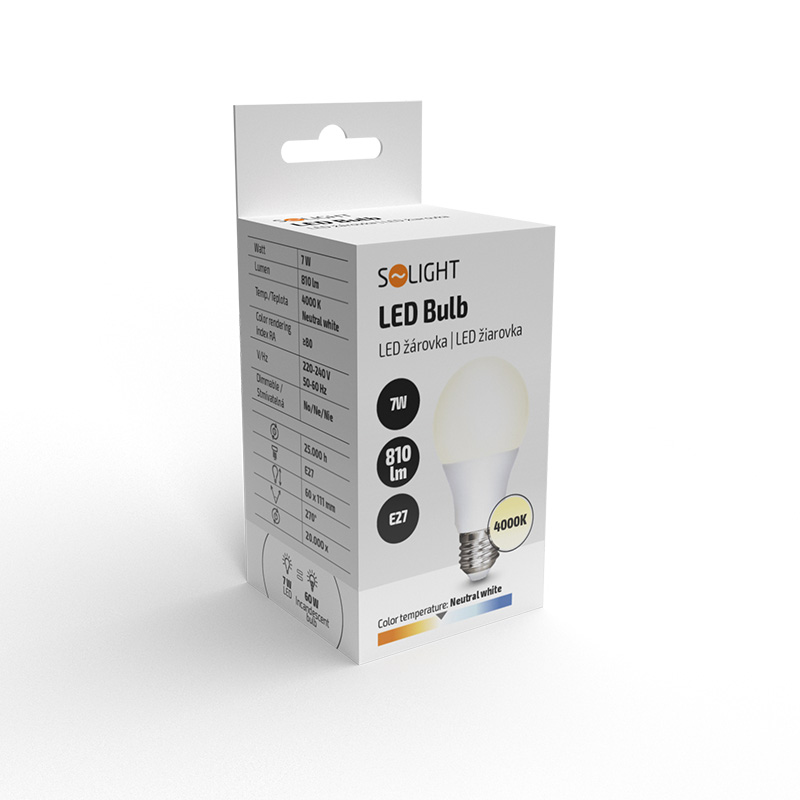 Solight LED žárovka, klasický tvar, 7W, E27, 4000K, 270°, 810lm WZ517-2